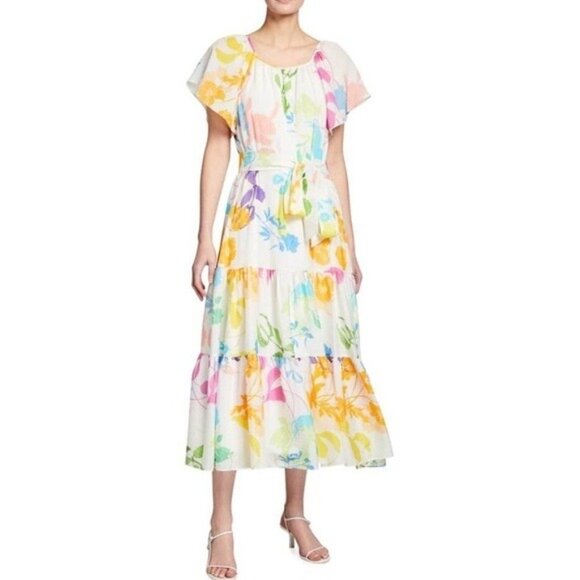 Tanya Taylor Dresses & Skirts - Tanya Taylor Ella Printed Dress Silk Rainbow Short Sleeve Midi Size 2